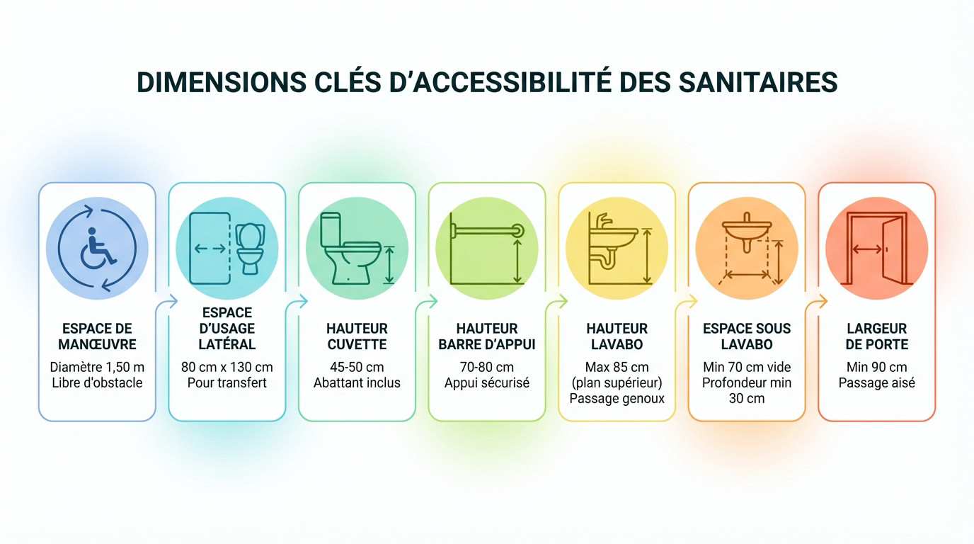 Schéma illustrant les dimensions réglementaires pour un WC PMR accessible