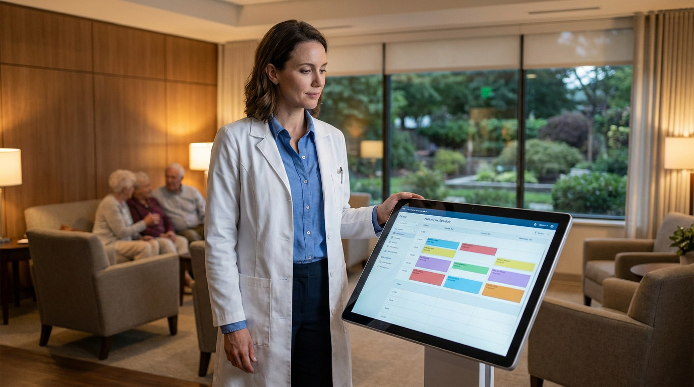Female physician in white lab coat reviews a digital care plan on a large tablet in a modern EHPAD lounge with soft lighting.
